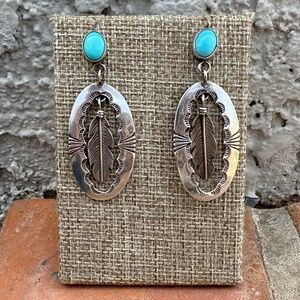 Vintage Navajo Turquoise & Sterling Silver Post Dangle Feather Earrings